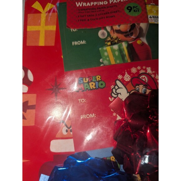 ​🍄 Super Mario Bros. 9pc Holiday Wrapping Kit SEALD NIP Xmas Tags Bows Nintendo - Picture 3 of 6